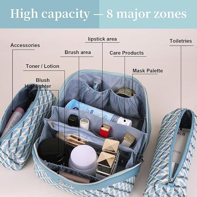 BOYATU Travel Makeup Bags for Women: Large Capacity Cosmetic Bag Set of 3 - Vegan Leather Make up Bags with Compartments - Wide Open Waterproof Toiletry Organizer Bag with Handle (E-02-Blue)