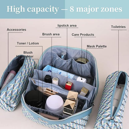 BOYATU Travel Makeup Bags for Women: Large Capacity Cosmetic Bag Set of 3 - Vegan Leather Make up Bags with Compartments - Wide Open Waterproof Toiletry Organizer Bag with Handle (E-02-Blue)