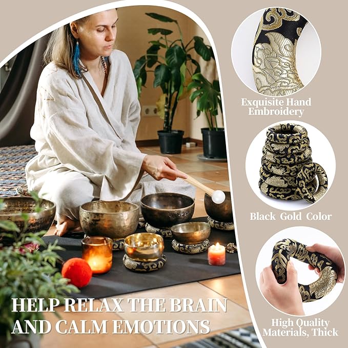 10 Pcs Singing Bowl Cushion Set 7 Silk Cloth O Ring with 3 Crystal Singing Bowl Mallet Include Solid and Hollow Stick Wood Handle Rubber Mallet for 6-12" Tibetan Sound Meditation (Black Gold)