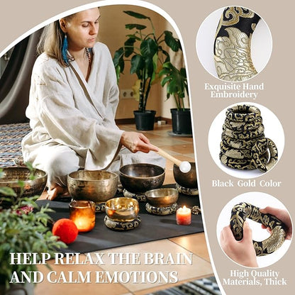 10 Pcs Singing Bowl Cushion Set 7 Silk Cloth O Ring with 3 Crystal Singing Bowl Mallet Include Solid and Hollow Stick Wood Handle Rubber Mallet for 6-12" Tibetan Sound Meditation (Black Gold)
