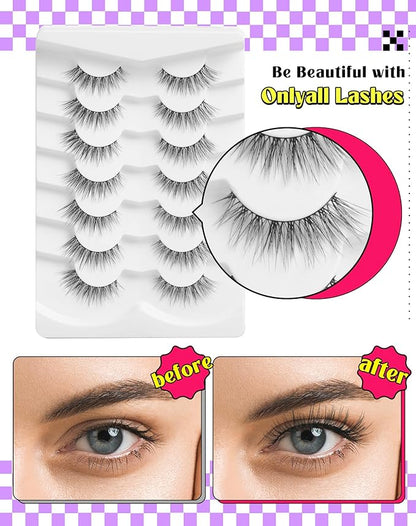 Onlyall Natural Lashes Wispy Lashes Natural Look False Eyelashes Natural Flared Eyelashes False Eye Lashes Soft Fluffy Lashes 7 Pairs D12 Flirty-13mm