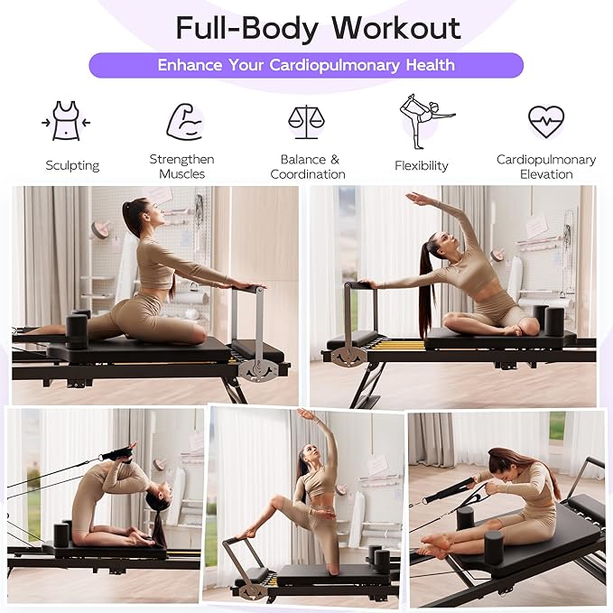MU Pilates Reformer, Foldable Reformer Pilates Machine & Equipment for Home Use and Gym Workout, Suitable for Advanced and Beginners Users, Up to 400 lbs Weight Capacity, Black