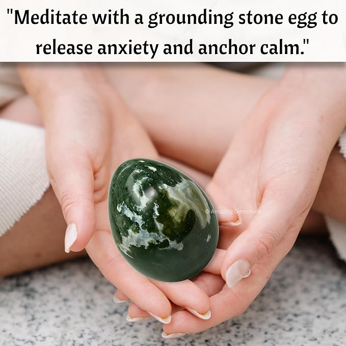 Amazing Gemstone Moss Agate Crystal Yoni Egg, 2 Inches - Premium Crystals and Healing Stones Yoni Egg for Pelvic Floor Health, Natural Healing Crystal Eggs for Meditation and Stress Relief