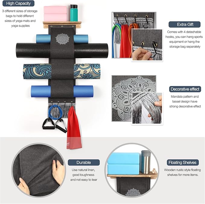VINAEMO Yoga Mat Holder Accessories Wall Mount Organizer Storage Decor Foam Roller and Towel Storage Rack with 4 Hooks and Wooden Shelves Yoga Mats Rack Resistance Bands for Home Gym School Office