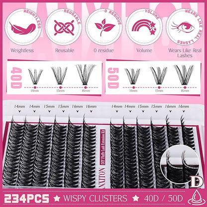 Cluster Lashes 240 pcs Wispy Lash Clusters D Natural Eyelashes Extensions 14-16mm Mix 40D+50D Individual Lashes with Lash Bond and Seal Tweezers Thin Band Eyelashes Cluster for DIY Lash Extension