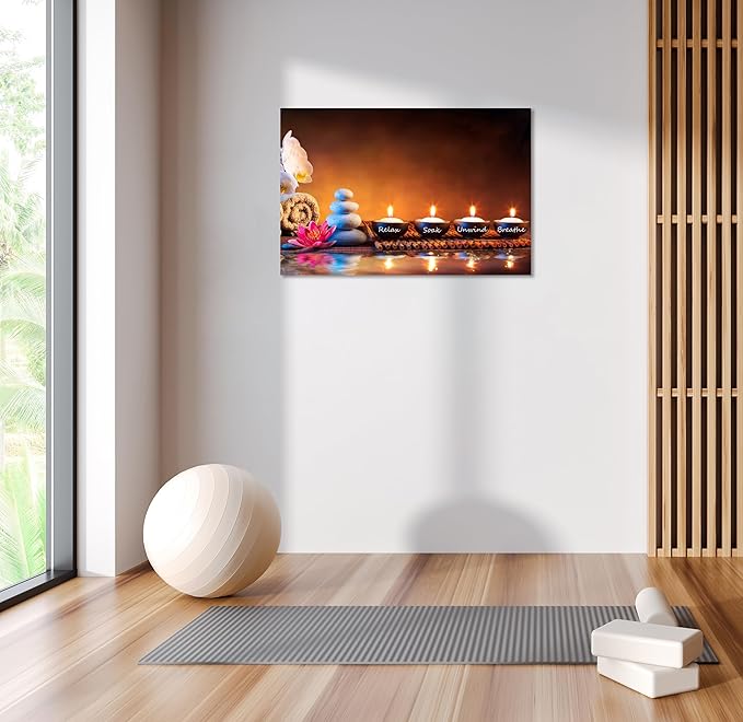 Zen Wall Art Lotus Flower Decor Breathe Canvas Picture Candles Relaxing Peaceful Poster Prints for Zen Spa Room Living Room Bedroom(24.00" x 36.00")