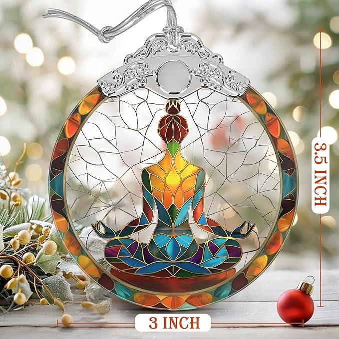 Yoga Symbol Christmas Ornaments, 3" Stained Glass Christmas Decor, Christmas Tree Ornaments, Gifts for Friends, Unique Gift Idea, Perfect for Holiday Party, Tree, Window, Home Decor