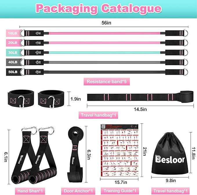 Resistance Band Set. Exercise Bands with Handles, Door Anchor and Ankle Strap. Home Gym, Supports Full-Body Workouts - with Training Guide and Fitness Video