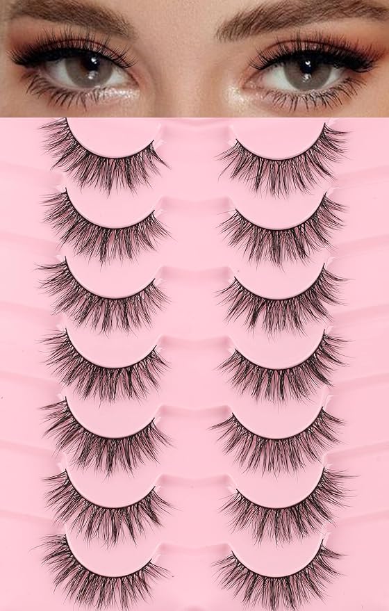 False Eyelashes 16MM Lashes Natural Wispy Eyelashes Thin Band Fluffy Lashes Pack +3D Volume False Lashes Soft Strip Lashes C Curl Natural Eyelashes Fake Lashes 7 Pair EVENTILL