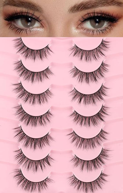False Eyelashes 16MM Lashes Natural Wispy Eyelashes Thin Band Fluffy Lashes Pack +3D Volume False Lashes Soft Strip Lashes C Curl Natural Eyelashes Fake Lashes 7 Pair EVENTILL