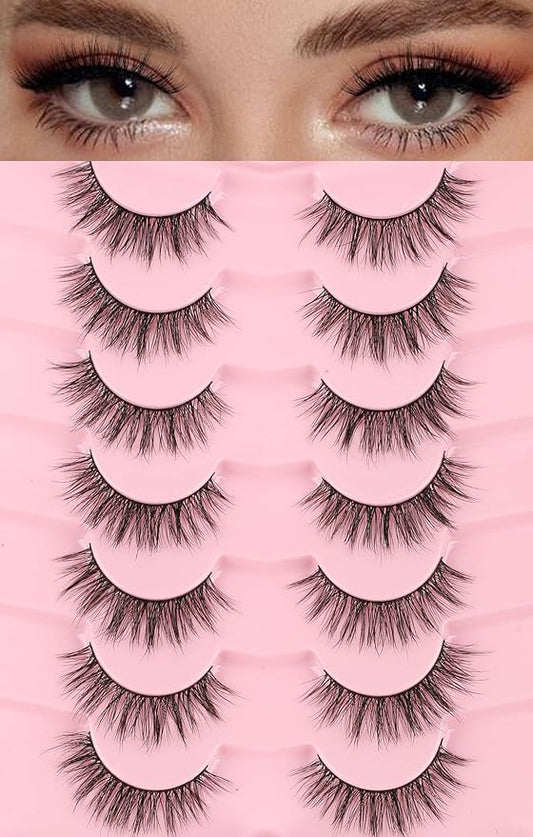 False Eyelashes 16MM Lashes Natural Wispy Eyelashes Thin Band Fluffy Lashes Pack +3D Volume False Lashes Soft Strip Lashes C Curl Natural Eyelashes Fake Lashes 7 Pair EVENTILL