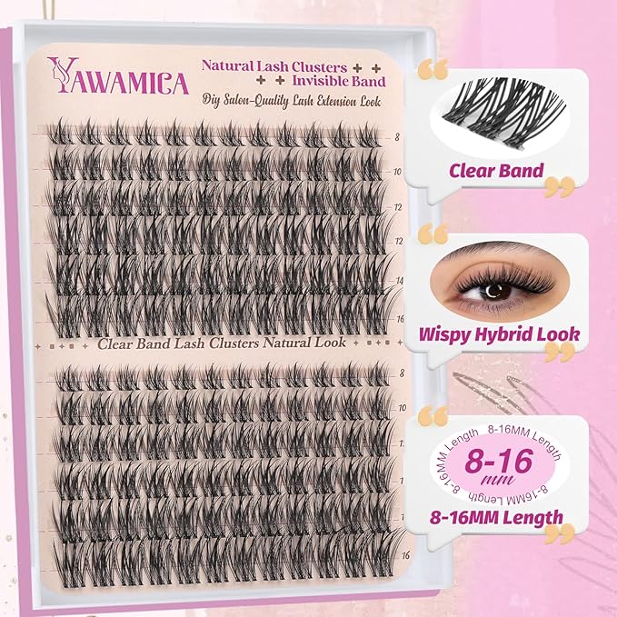 Yawamica Lash Clusters Wispy Eyelash Clusters Clear Band Cluster Eyelash Extensions 10-16mm Length Individual Lashes C Curly Natural Cluster Lashes DIY Lash by Self