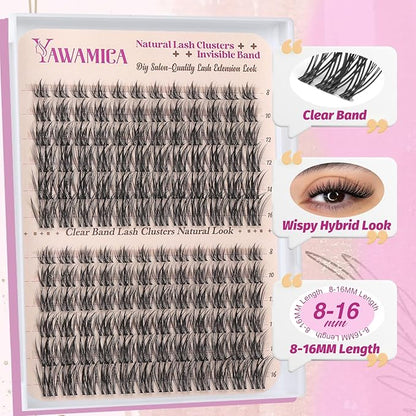 Yawamica Lash Clusters Wispy Eyelash Clusters Clear Band Cluster Eyelash Extensions 10-16mm Length Individual Lashes C Curly Natural Cluster Lashes DIY Lash by Self