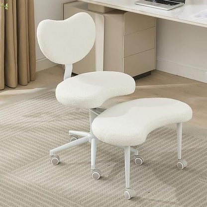 Cross-Legged Meditation Chair with Wheels, Adjustable Desk Chair for Home Office, Ergonomic Floor Seat for ADHD & Yoga, Criss Cross Chair with Lumbar Support, Memory Foam Cushion (Ivory-Teddy Fabric)