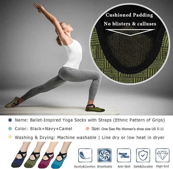 Ozaiic Yoga Socks for Women Non-Slip Grips & Straps, Ideal for Pilates, Pure Barre, Ballet, Dance, Barefoot Workout