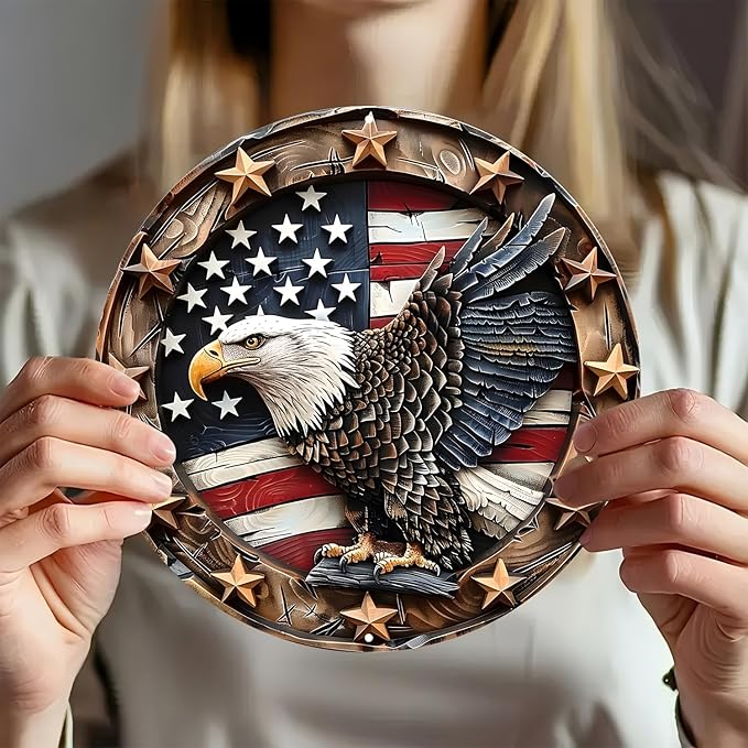 Eagle Wings Patriotic Aluminum Metal Wall Art - Weatherproof Round American Flag with Bald Eagle Decor, Pre-Drilled HD Print Sign for Home, Garage, Bar, Cafe - 8-Inch Diameter