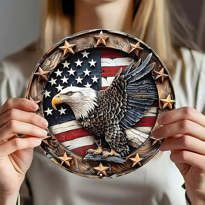 Eagle Wings Patriotic Aluminum Metal Wall Art - Weatherproof Round American Flag with Bald Eagle Decor, Pre-Drilled HD Print Sign for Home, Garage, Bar, Cafe - 8-Inch Diameter