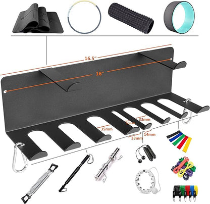 Resistance Bands Rack Wall Mount Home Gym Equipment Storage Rack for Resistance Bands, Jump Ropes, Yoga Mat, Foam Roller, Chains, 16.5", Black