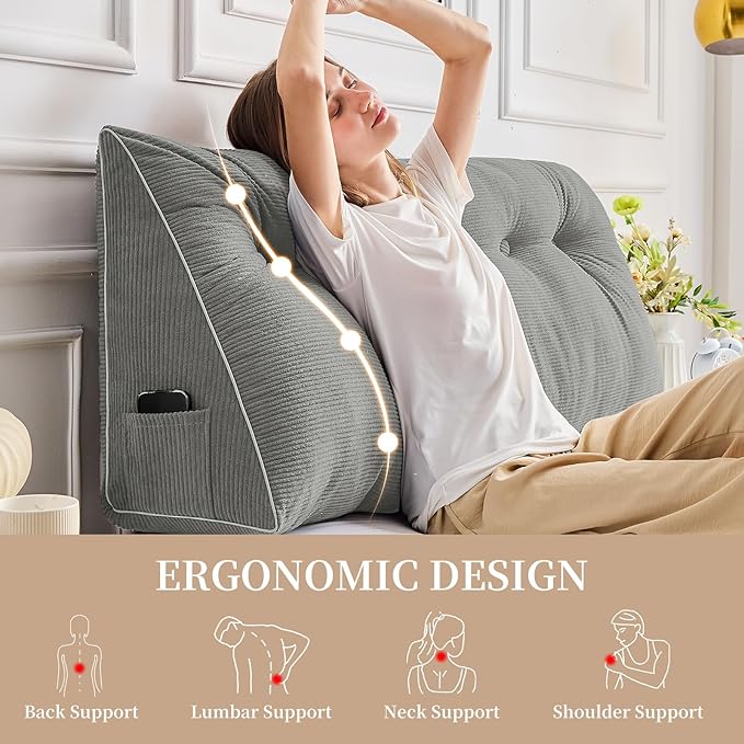 Sasttie Headboard Pillow King, Wedge Pillow Headboard for Sitting Up in Bed, Back-Rest Support Triangular Cushion for Reading - Features Removable Washable Cover, Light Grey