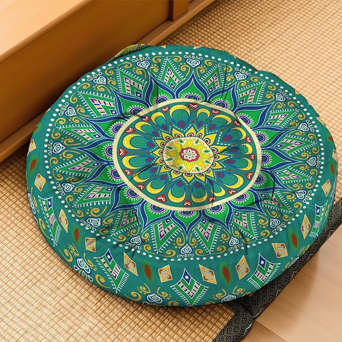 Mandala Meditation Cushion, Boho Meditation Mat, Meditation Pillows for Sitting on Floor, Cushions for Sitting in Home and Outdoor, Round Floor Pillows Cushion Seating for Yoga 22'' X 22''