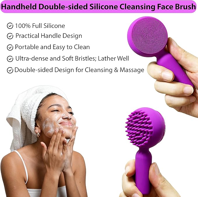 Silicone Facial Cleansing Brush 2 in 1 Silicone Facial Scrubber Manual Exfoliating Facial Brush Face Cleanser Face Exfoliator Ultrafine Bristles for Sensitive Skin Easy to Clean Lather Well (Purple)