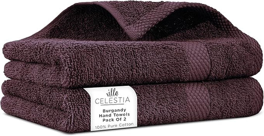 100% Cotton Hand Towel Set of 2, (16 x 28 inches) Sustainable, Soft, Highly Absorbent, Quick Drying, Combed Cotton Hand Towels Pack of 2 Ideal for Hotels, Spa, Bathroom, Dorm, Burgandy