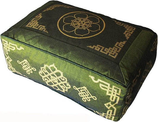 Rectangular Zafu Meditation Cushion Buckwheat and Kapok Fill Dharma Wheel Olive Green
