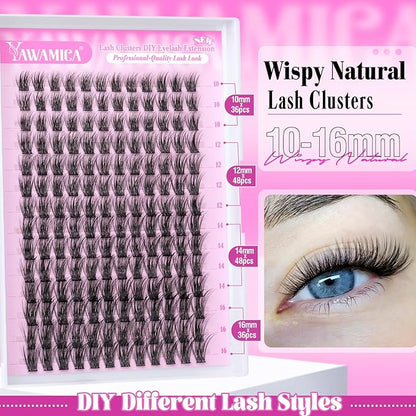 Yawamica Natural Lash Clusters DIY Cluster Eyelash Extensions 10-16mm Wispy Eyelash Clusters C Curly Individual Lashes 168 pcs Soft Cluster Lashes with Thin Lash Band DIY Lash for Self Application