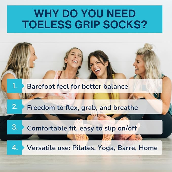 Tucketts Toeless Pilates Socks with Grips for Women, Non-Slip Yoga & Barre Socks for Stability & Barefoot Workouts, Size 6-13