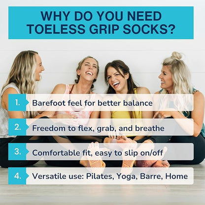 Tucketts Toeless Pilates Socks with Grips for Women, Non-Slip Yoga & Barre Socks for Stability & Barefoot Workouts, Size 6-13