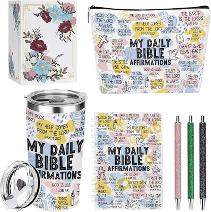 Daily Affirmations for Women Bible Verse Makeup Bag Inspirational Christian Gifts for Women Sister Coworker Mental Health Birthday Christmas, 20oz Tumbler Makeup Bag Ballpoint Pen Notebook 6PCS