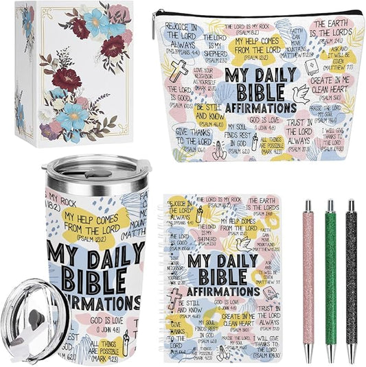 Daily Affirmations for Women Bible Verse Makeup Bag Inspirational Christian Gifts for Women Sister Coworker Mental Health Birthday Christmas, 20oz Tumbler Makeup Bag Ballpoint Pen Notebook 6PCS