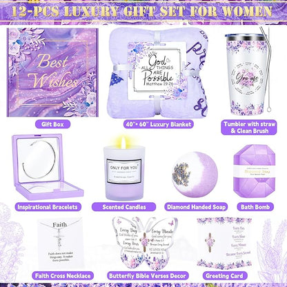 12PCS Christian Gifts for Women Faith, Inspirational Gifts for Women, Religious Catholic Gifts Basket,Purple Birthday Get Well Soon Gifts, for Mom Her Wife Girlfriend Friend Sister