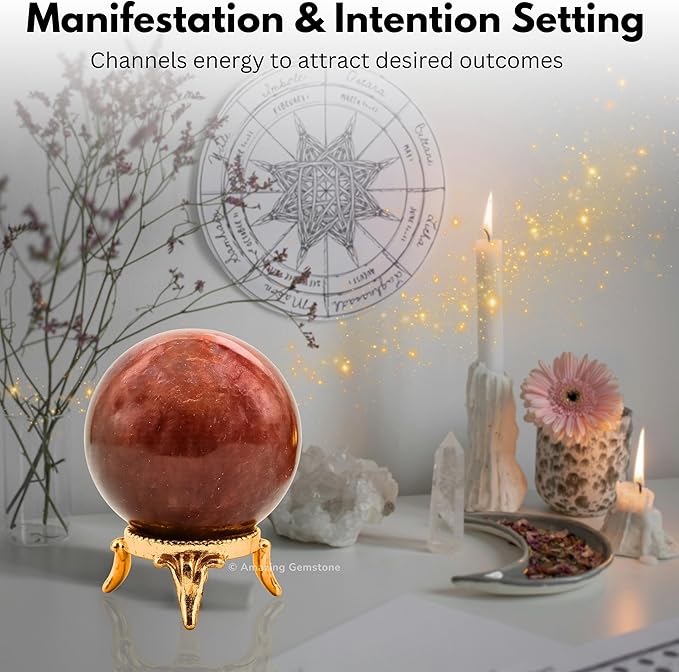 Amazing Gemstone Strawberry Quartz Crystal Ball with Stand - 2 Inches Crystal Sphere Meditation Balls for Witchcraft and Decorative Balls