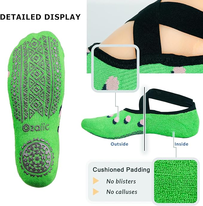 Ozaiic Yoga Socks for Women Non-Slip Grips & Straps, Ideal for Pilates, Pure Barre, Ballet, Dance, Barefoot Workout