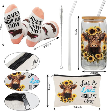 SAIWEILAI ONLINE 6 Pieces Highland Cow Gifts Set for Women Highland Cow Lovers 16oz Glass Cups Just a Girl Who Loves Highland Cows Makeup Bag Socks Keychain Earrings and Gift Box for Sister Friends