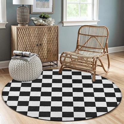 Soft Round Yoga Carpet, Large Home Decor Mat, Non-Slip Machine Washable Kitchen Office Circle Rug Compatible with Race Checkerboard Checkered Black and White