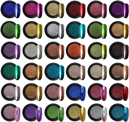 Artdone 36 Jars Chrome Nail Powder Nail Art Fimo Decoration Metallic Mirror Effect Holographic Aurora Chameleon Pigment Powder 1g/Jar Pearl for Resin Craft & Nail Art