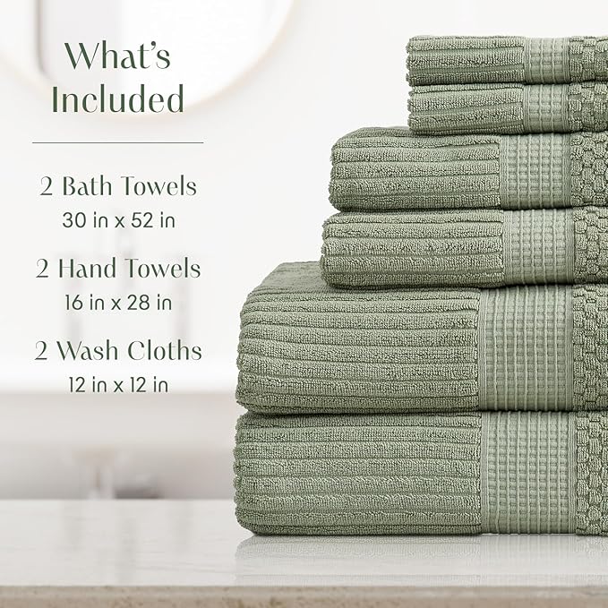 Springtree Home 100% Cotton Towel Set | 6 Piece Set | Super Soft & Absorbent Quick-Dry 2 Bath Towels 2 Hand Towels & 2 Washcloths | Textured and Durable Cotton | Krista Collection - Lily Pad Green