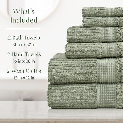 Springtree Home 100% Cotton Towel Set | 6 Piece Set | Super Soft & Absorbent Quick-Dry 2 Bath Towels 2 Hand Towels & 2 Washcloths | Textured and Durable Cotton | Krista Collection - Lily Pad Green