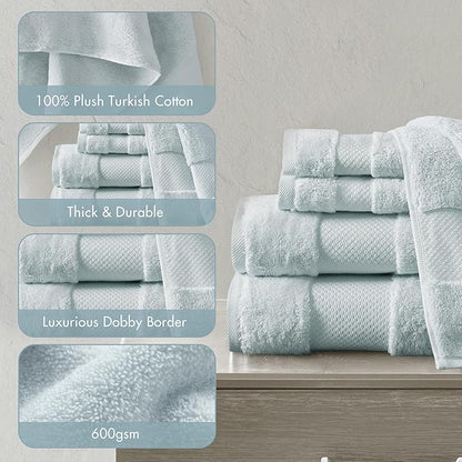 Madison Park Turkish 100% Cotton 600Gsm Luxury Premium Thick Soft Absorbent Hotel Bathroom Towel Set Shower Hand Face Washcloths, Assorted Sizes, Light Blue 6 Piece