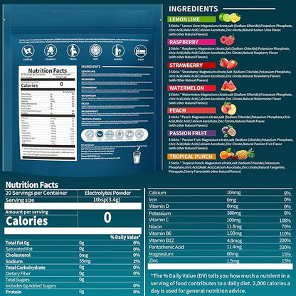 Electrolytes Powder Packets, Hydration Packets, Electrolytes Powder No Sugar, Portable Electrolyte Drink Mix for Rapid Hydration, Sugar Free & Low Sodium | 0 Calorie | 7 Flavors | 20 Sticks