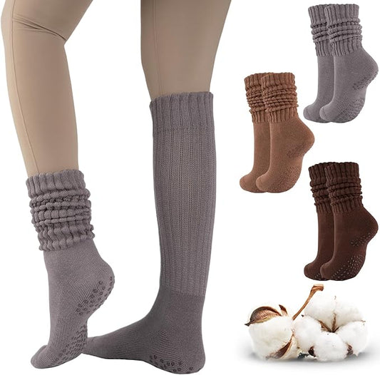 COOVAN Grip Pilates Socks for Women 3 Pairs Yoga Slouch Crew Long Scrunch Slipper Socks for Barre Ballet Dance Hospital