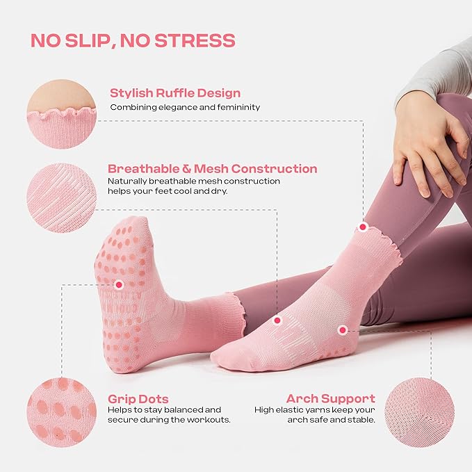 CoolMate Pilates Socks with Grips for Women, Yoga Socks, Crew Non Slip Women for Workout, Barre, Pilates Gifts