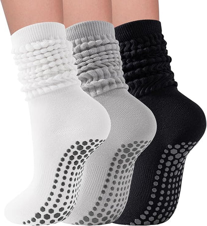 3 Pairs Grip Pilates Socks for Women Non Slip Long Slouchy Socks for Yoga Barre Workout Hospital
