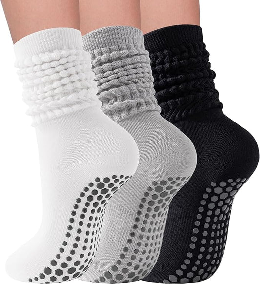 3 Pairs Grip Pilates Socks for Women Non Slip Long Slouchy Socks for Yoga Barre Workout Hospital