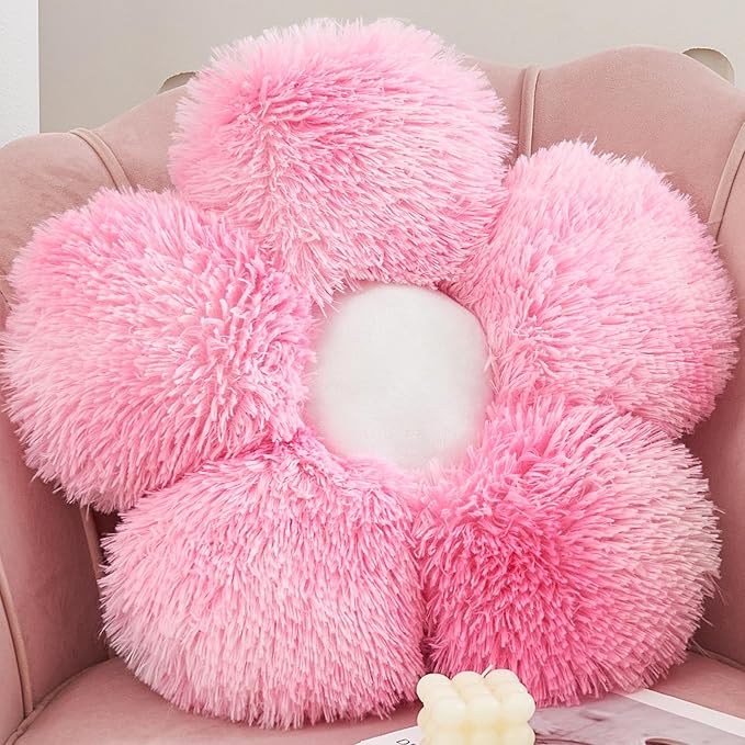 MorroMorn Flower Pillow Shaped Throw Pillows, 20" Floor Pillow Butt Cushion - Fluffy Shaggy Daisy Floral Decorative Pillows for Bed Couch Sofa Chair Cute Plush Faux Fur Room Decor (Pink)