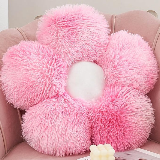 MorroMorn Flower Pillow Shaped Throw Pillows, 20" Floor Pillow Butt Cushion - Fluffy Shaggy Daisy Floral Decorative Pillows for Bed Couch Sofa Chair Cute Plush Faux Fur Room Decor (Pink)