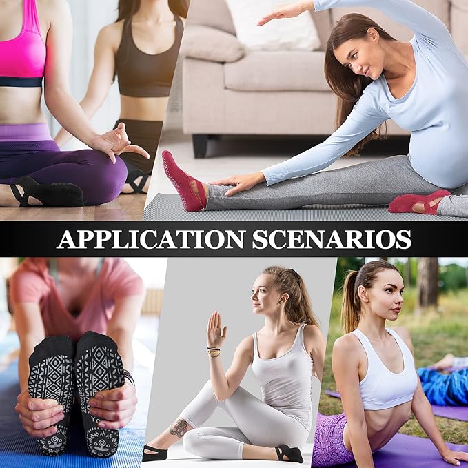 Geyoga 6 Pairs Pilates Socks for Women Barre Yoga Ballet Non-slip Athletic Socks with Grip Straps for Barefoot Workout