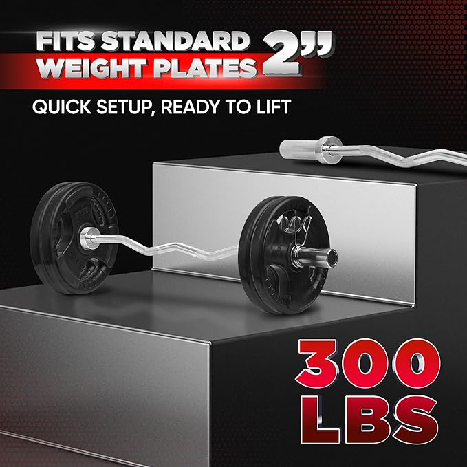 Yes4All Olympic EZ Curl Barbell, 47" Curl Bar 2" Diameter With Spring Collars For Weight Training